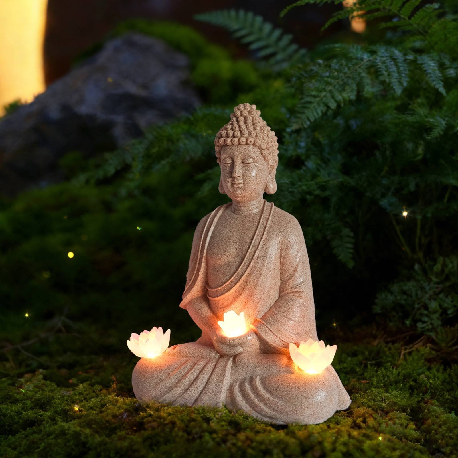 Outdoor Lighting Patio - รูปปั้นพระพุทธรูปพลังงานแสงอาทิตย์สำหรับภายนอกอาคาร ปลอดภัย ใช้สำหรับนั่งสมาธิ พร้อมไฟกลางคืน แสงสีขาวอบอุ่น ประติมากรรมสไตล์เซน
