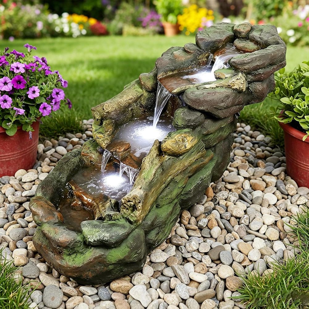 Outdoor Lighting For Backyard - น้ำพุกลางแจ้งหลายชั้นพร้อมไฟ LED เหมาะสำหรับตกแต่งลานบ้าน สวน และสนามหลังบ้าน