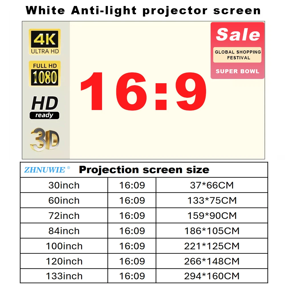 Outdoor Lighting Grid Screen - หน้าจอโปรเจคเตอร์ 16:9 ความสว่างสูงสะท้อนแสงพับได้ตารางสีขาวป้องกันแสงผ้าม่าน 100 120 133
