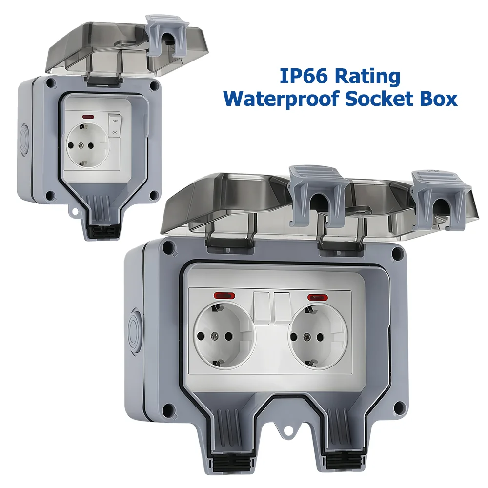 Outdoor Lighting Wall Mount - เต้ารับไฟฟ้าภายนอกแบบยุโรป พร้อมสวิตช์และไฟแสดงสถานะ ระดับการป้องกัน IP66 ติดตั้งบนพื้นผิว เหมาะสำหรับห้องน้ำ