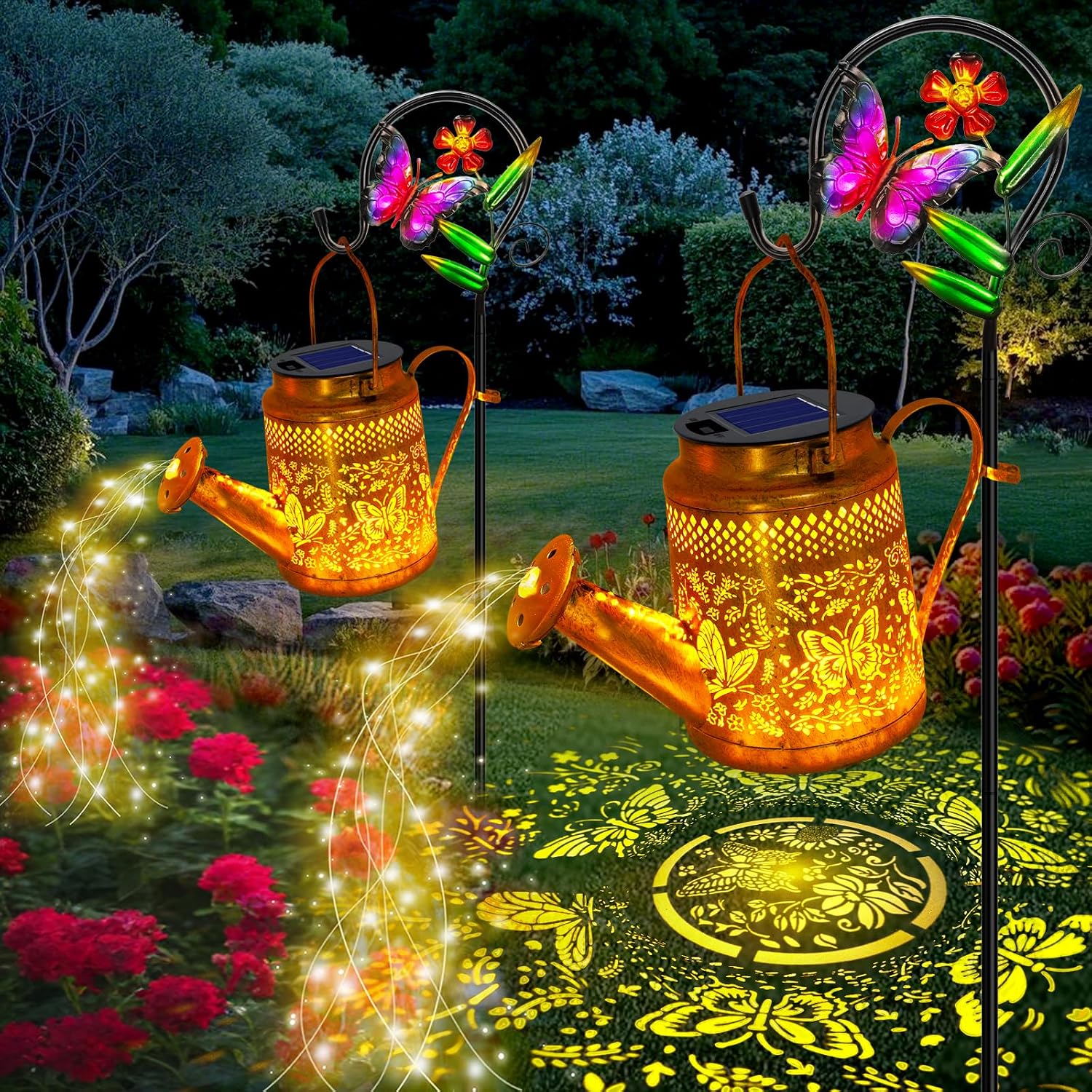 Outdoor Lighting For Backyard - ชุดไฟรูปทรงบัวรดน้ำพลังงานแสงอาทิตย์ 2 ชิ้น, ของขวัญสำหรับคุณแม่ คุณย่า ผู้หญิง
