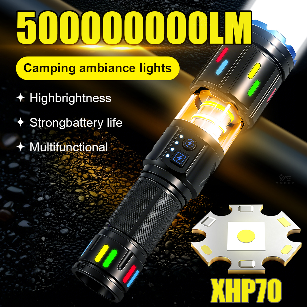Outdoor Lighting Guide - XHP70 ไฟฉายแคมป์ปิ้งพลังงานสูงแบบพกพาไฟฉายแบบชาร์จไฟได้ไฟฉาย LED ไฟฉายซูมได้สำหรับโคมไฟแคมป์ปิ้งกลางแจ้ง