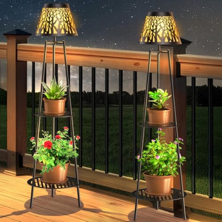 Outdoor Lighting Lamps - โคมไฟตั้งพื้นพลังงานแสงอาทิตย์สำหรับกลางแจ้ง 2 ชิ้น พร้อมขาตั้งต้นไม้ ไฟสวนโลหะกันน้ำ พร้อมชั้นวาง
