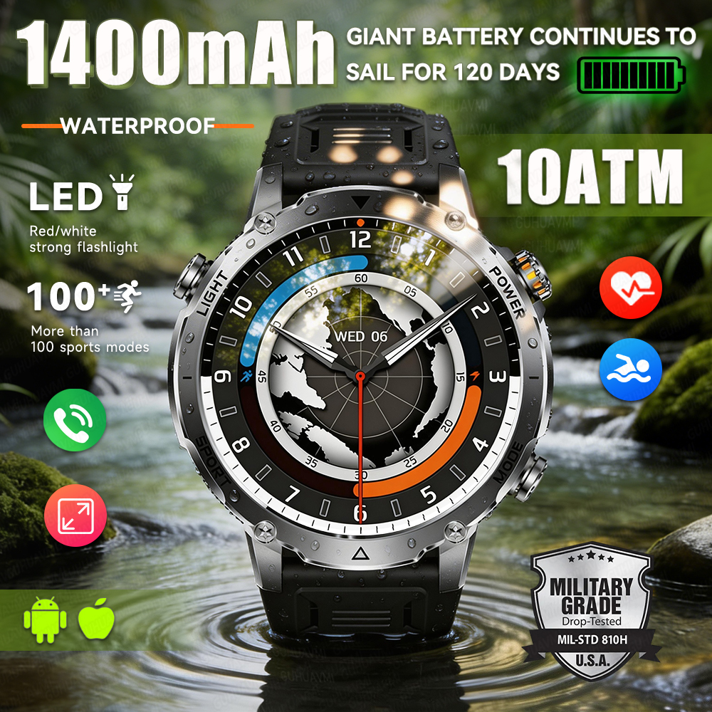 Wired Pathway Light - 2026 ใหม่นาฬิกาสมาร์ททหารผู้ชาย 1400mAh แบตเตอรี่ 1.7 นิ้ว