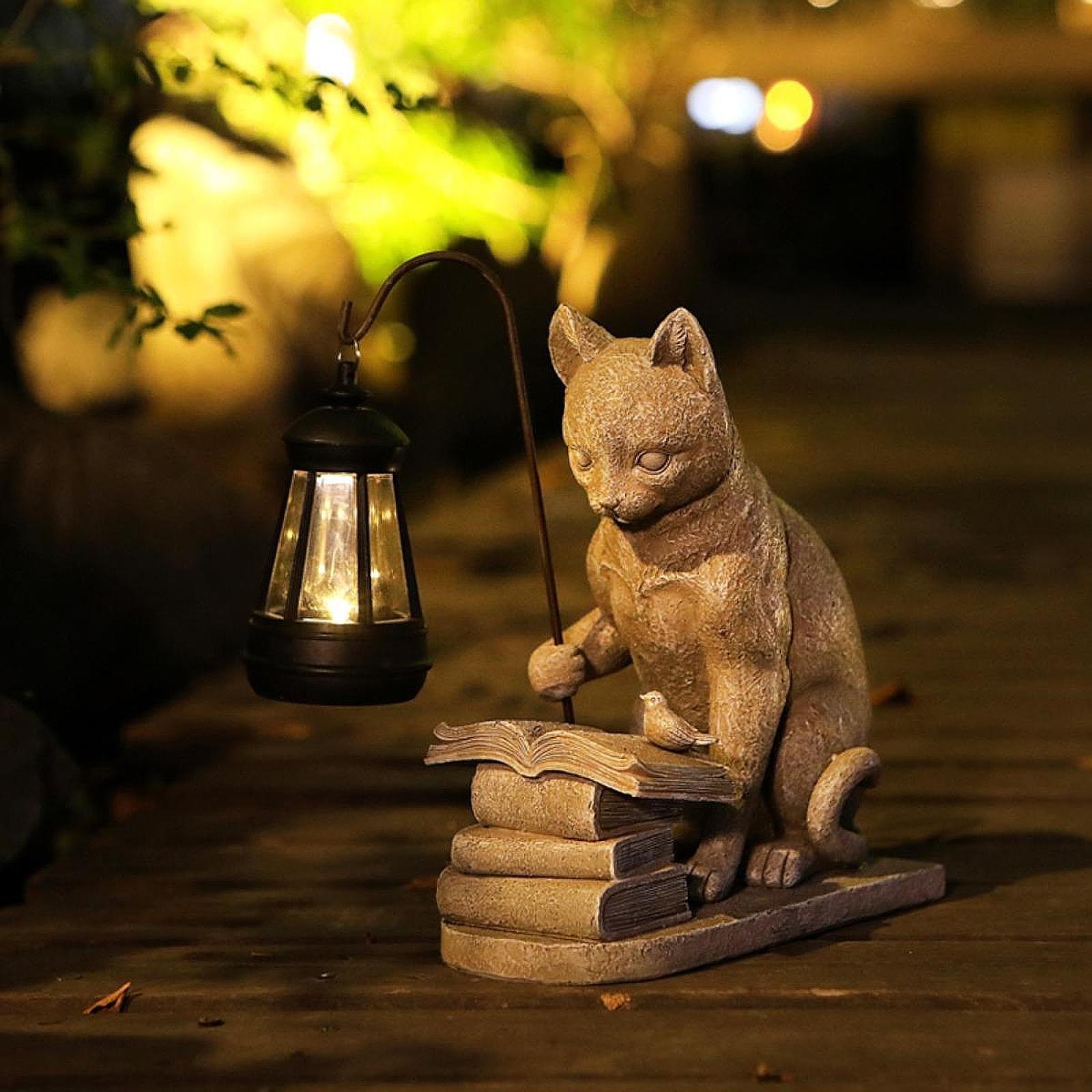 Solar Path Light - รูปปั้นแมวพลังงานแสงอาทิตย์ขนาดเล็ก โคมไฟเรซิ่น งานศิลปะสร้างสรรค์ ของตกแต่งภายนอก สำหรับสวน ระเบียง
