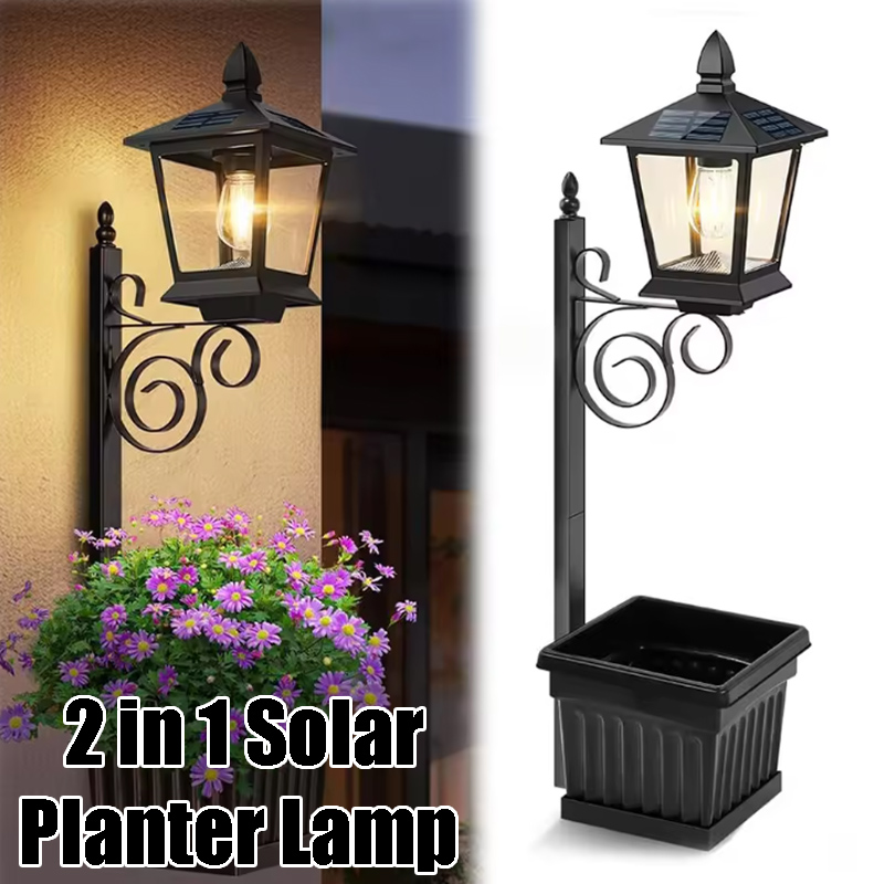 Outdoor Lighting Patio - โคมไฟกระถางดอกไม้ 2-in-1 พลังงานแสงอาทิตย์ แสงวอร์มไวท์ กันน้ำ สำหรับสวนกลางแจ้ง