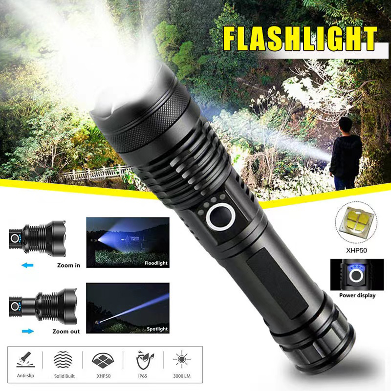 Outdoor Lighting Lumen - ไฟฉาย LED กำลังสูง XHP70 USB-C ไฟฉายแบบชาร์จไฟได้ซูมได้โคมไฟมือกันน้ำสำหรับการตั้งแคมป์กลางแจ้งใช้ในกรณีฉุกเฉิน